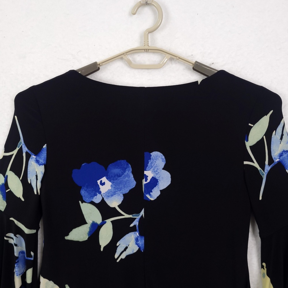 Lauren Ralph Lauren Dress Black Blue Floral Bell Sleeve Size 6 Lined Classic - Picture 11 of 13